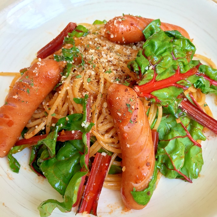 スイスチャードとウインナーのトマトソースパスタ レシピ 作り方 By Aka Ru 楽天レシピ スイスチャードとウインナーのトマトソースパスタ レシピ 作り方 By Aka Ru 楽天レシピ